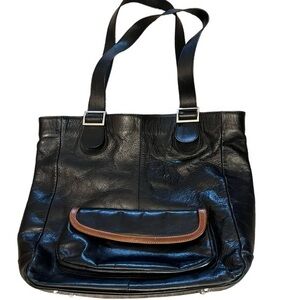 PLY New York Black Leather Tote Bag with Pocket & Striped Lining